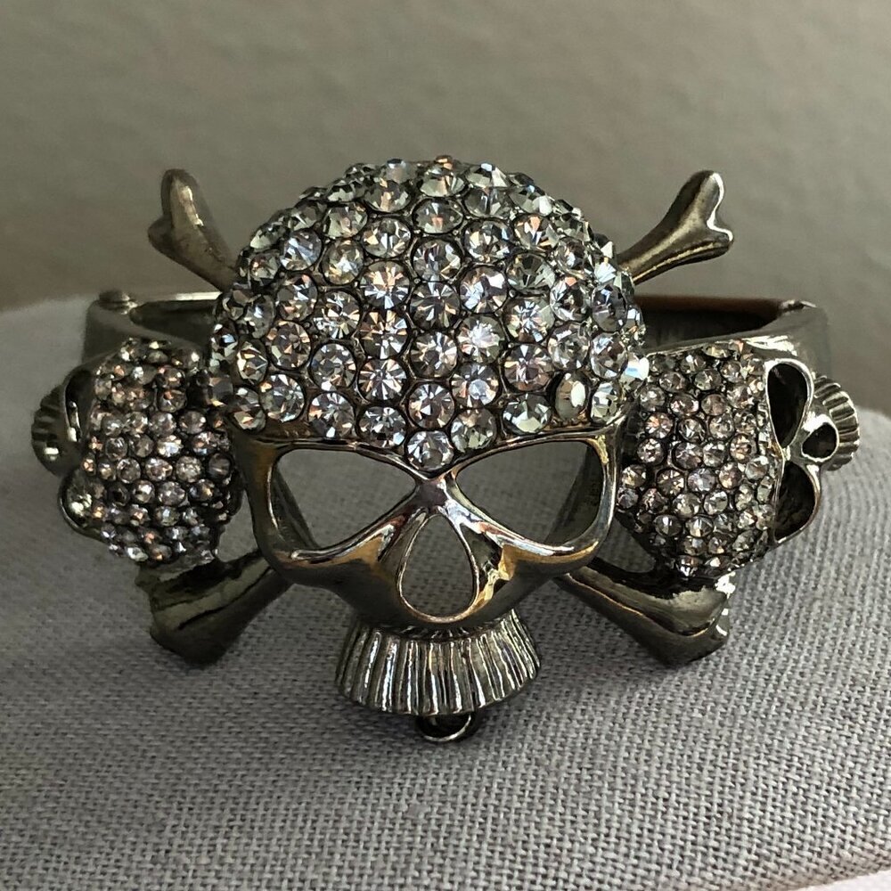 Skeleton Skull & Crossbones Hinge Cuff Bracelet - Gray Black Rhinestone Goth